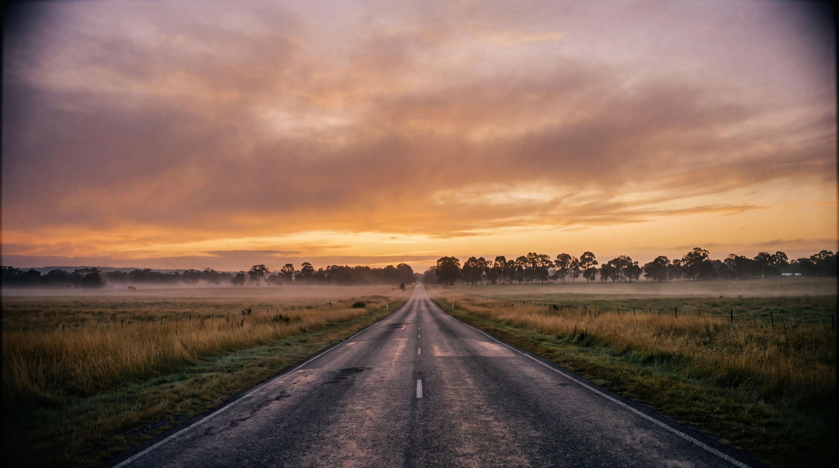 Ruta vacía cruzando la pampa argentina al amanecer