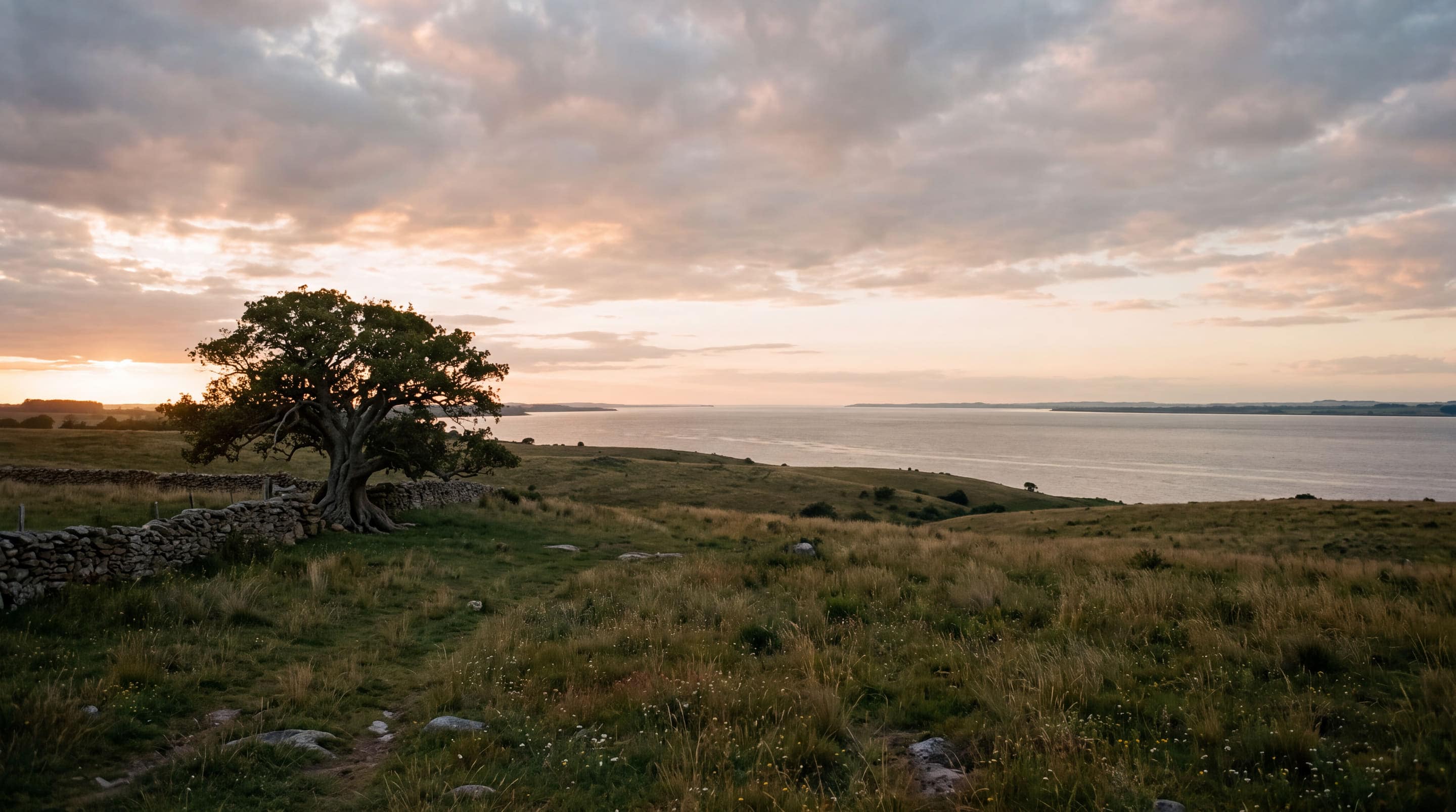 Campo uruguayo al atardecer, con un ombú y el Río de la Plata al fondo
