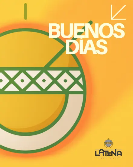 Pieza de la marca: «Buenos días» sobre un mate dibujado en amarillo