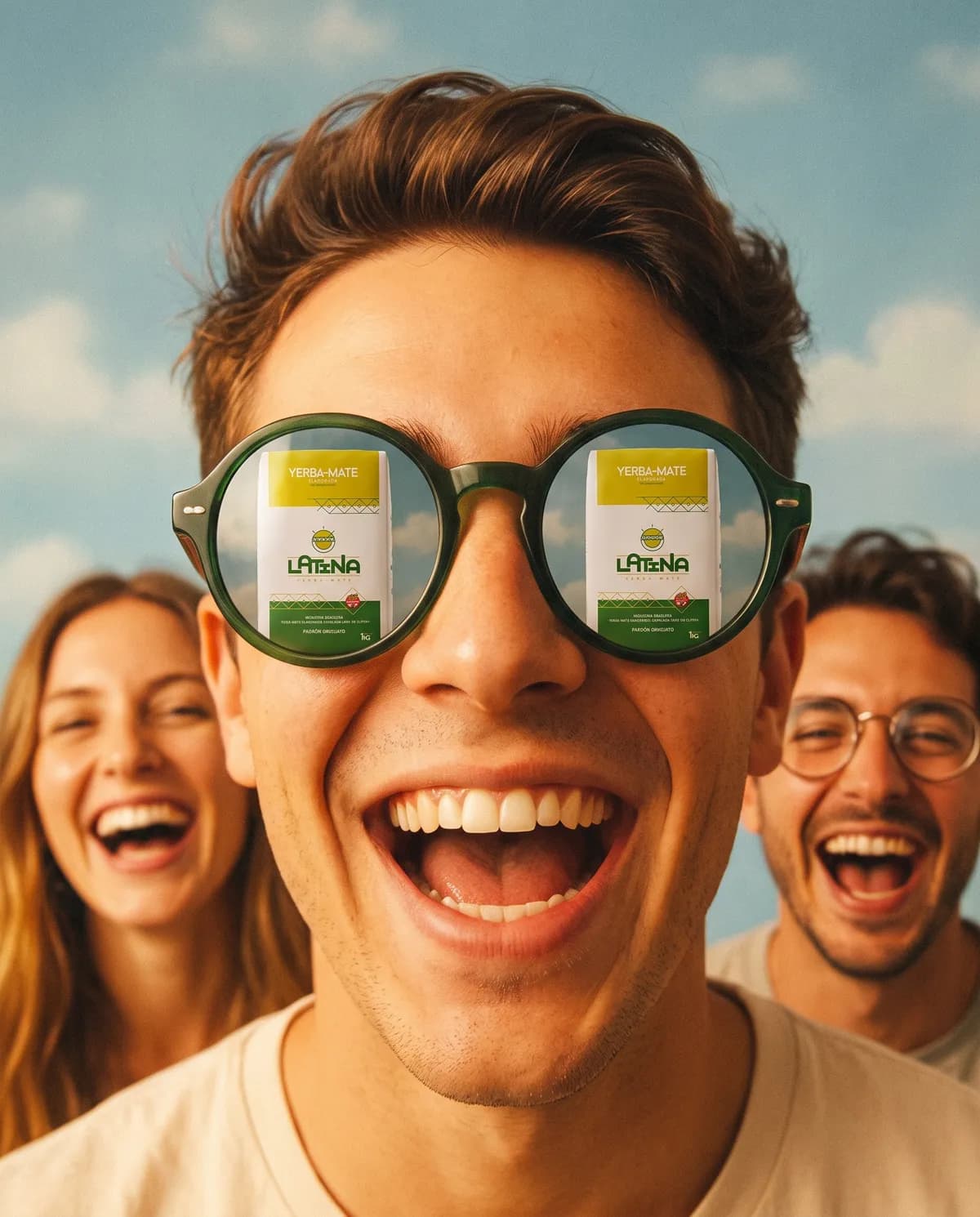 Tres personas jovenes riendose; el del medio tiene anteojos de sol donde se refleja un paquete de LaTiNa